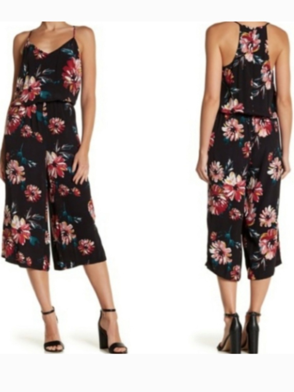 1. State Black Floral Racerback Tropical Boho Pockets Sleeveless Jumpsuit Size M